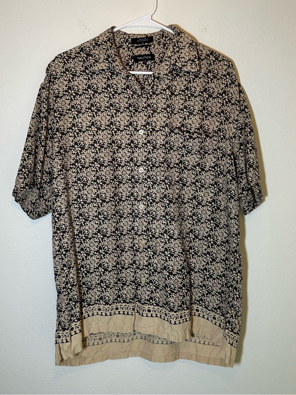 Nautica Floral Hawaiian Silk Linen Shirt Men’s L Button Down Camp Beach Resort